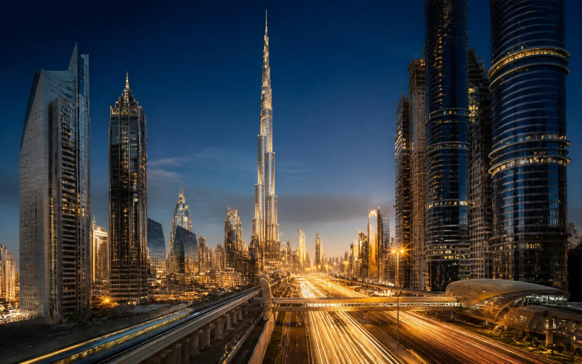 Downtown Dubai at blue hour with Burj Khalifa above Sheikh Zayed Road